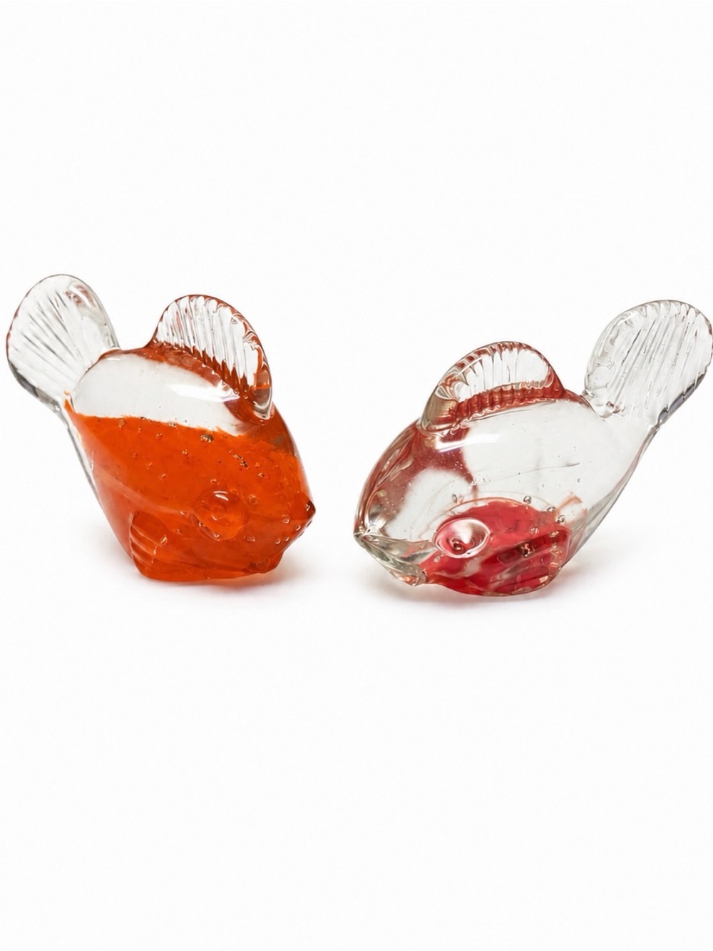 Set of Two Clear Glass Pink Orange Fish Paperweights 3” Tall